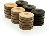 Wood Backgammon checkers/chips in brown and natural color.