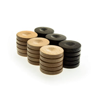 Wood Backgammon checkers/chips in brown and natural color.