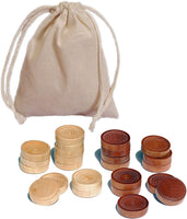 Natural and brown wood checkers with stackable ridges and cloth drawstring bag. 1.25 inch pieces.