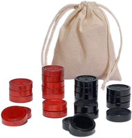 Red and black wood checkers with stackable ridges and cloth drawstring bag. 1.25 inch pieces.