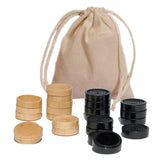 Natural and black wood checkers with stackable ridges and cloth drawstring bag. 1.25 inch pieces.