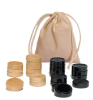 Natural and black wood checkers with stackable ridges and cloth drawstring bag. 2 inches in diameter pieces.
