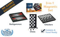 3 in 1 magnetic set. Backgammon. Chess. Checkers. Foldable and travel ready.