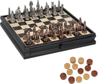 Egyptian Chess & Checkers Game Set - Pewter Chessmen & Black Stained Wood Board with Storage Drawers 15 in.