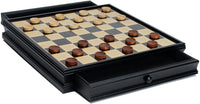Black Stained wood board with checkers on it. Drawers are opened and empty.