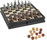 Chinese Qin Chess & Checkers Game Set - Pewter Chessmen & Black Stained Wood Board with Storage Drawers 15 in.