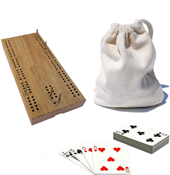 WE Games 7 Inch Travel Cribbage Set - Solid Hardwood Board with Cards and Bag.