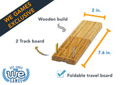 2 inches wide. 7.6 inches length. Wooden build. 2 track board. Foldable travel board.