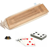 Deluxe Cribbage Set - Solid Wood Continuous 3 Track Board with Easy Grip Pegs, Deck of Cards & Canvas Storage Bag.