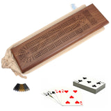 Deluxe Cribbage Set - Dark Brown Solid Wood Continuous 3 Track Board with Easy Grip Pegs, Deck of Cards & Canvas Storage Bag.