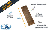 Walnut wood board. 3- track board. 16 inches long. Storage for pegs underneath.