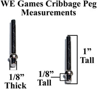 Cribbage peg measurements. 1/8 inches thick. 1 inch tall. 1/8 inches tall at bottom.