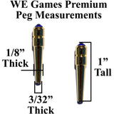 Premium peg measurements. 1/8 inches thick. 3/32 inches thick at bottom. 1 inch tall.