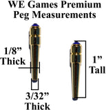 Premium peg measurements. 1/8 inches thick. 3/32 inches thick at bottom. 1 inch tall.