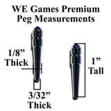 Premium peg measurements. 1/8 inches thick. 3/32 inches thick. 1 inch tall.
