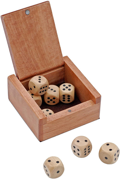 Wooden dice box and 8 wooden dice.
