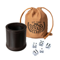 Dark Brown Leather Dice Cup Set - 5 Dice, Instructions for 10 Dice Games & Cloth Carry Bag.