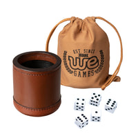 Professional, Cognac Brown Leather Dice Cup Set - 5 Dice, Instructions for 10 Dice Games & Cloth Carry Bag.