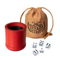 Red Leather Dice Cup Set - 5 Dice, Instructions for 10 Dice Games & Cloth Carry Bag.