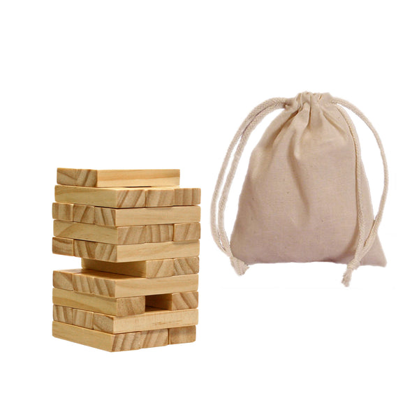 Wood block stacking tower game with cloth drawstring bag.