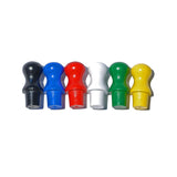 6 different colored pegs. Black, blue, red, white, green, yellow.