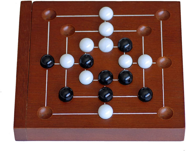 Nine Men's Morris Wooden Travel Game with Marbles.