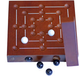 Storage compartment inside wooden board to store marbles.