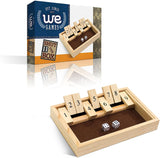Natural wood colored shut the box with 2 dice, 9 number flip tiles. 11 inches and no lid.