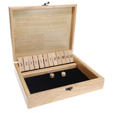 Natural colored shut the box  with 2 dice and number tiles flipped up.