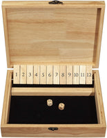 Natural colored shut the box with 2 rounded brown dice. This shut the box has 12 number flip tiles.