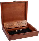 Brown shut the box with 2 rounded brown dice. This shut the box has 12 number flip tiles.