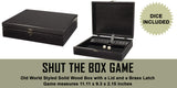 Shut the box game. Old world styled solid wood box with lid and brass latch. Game measures, 11.11 x 9.3 x 2.12 inches. Dice included.
