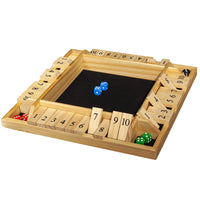 Light Brown Shut the Box with some of the numbers flipped. and 2 blue dice in the middle.