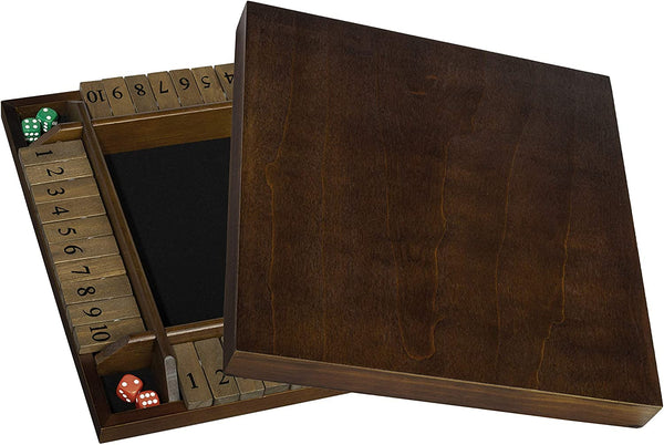 WE Games 4 Player Shut The Box Dice Board Game with Lid - Wood - Large Coffee Table Size - 14 Inches, for Family and Adult Game Night Play in Classroom, Home or Bar. (Dark Brown board.)