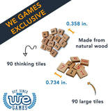 0.358 inch small tile pieces. 0.734 inch large tile pieces. Made from natural wood. 90 thinking tiles. 90 large tiles.