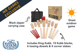 Great outdoor game. Black zipper carrying case. Includes king kubb, 10 kubb blocks, 6 tossing dowels, and 4 corner stakes.