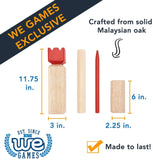 Crafted from solid Malaysian oak. King kubb, 11.75 inches tall and 3 inches wide. Smallest kubb 6 inches tall nd 2.25 inches wide.