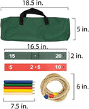 18.5 inch bag and 5 inches wide. Ring toss board 16.5 inches and pegs 7.5 inches. Rope rings 6 inches.