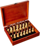English Staunton Wood Tournament Chess Pieces standing inside of Deluxe Wooden Treasure Box.