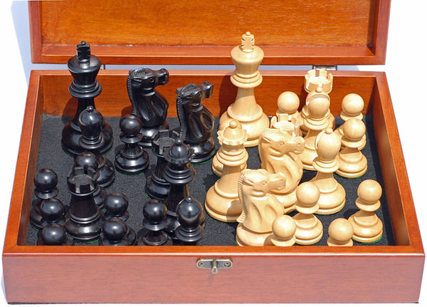Jacques Chessmen - Black Stained Kari Wood with 3.75 in. King - in Wooden Treasure Box.