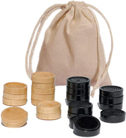 Checkers Pieces in Black and Natural wood - 1.5 inches in diameter. Cloth drawstring storage bag.
