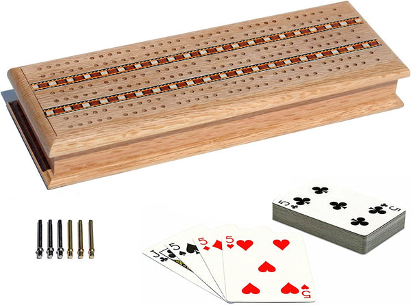 Cabinet Cribbage Set - Solid Oak Wood with Inlay Sprint 3 Track Board with Metal Pegs & 2 Decks of Cards