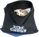 Black zip up bag for chess set to store away.