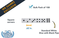 Bulk pack of 100 dice. Square corners. .62 inch dice. Standard white dice with black pips.