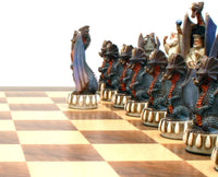 Zoomed in on the dragon shaped pawns on the board.
