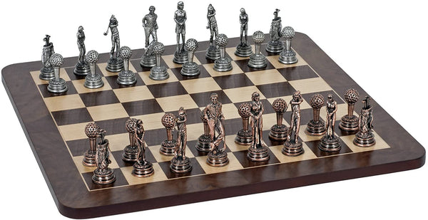 Golf Chess Set - Pewter Pieces placed on Walnut Root Board 16 in.