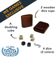 2 wooden dice cups. A doubling cube. 4 dice 2 different colors, black and white.