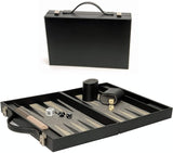 Elegant Black Backgammon Briefcase - Medium size. Briefcase opened with games pieces inside.