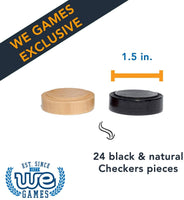 1.5 inch in diameter. 24 black and natural checkers pieces.