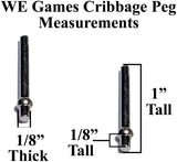 Cribbage peg measurements. 1/8 inches thick. 3/32 inches thick at bottom. 1 inch tall.